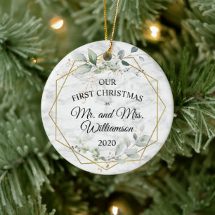 Watercolor Greenery Gold  First Christmas Married Ceramic Ornament