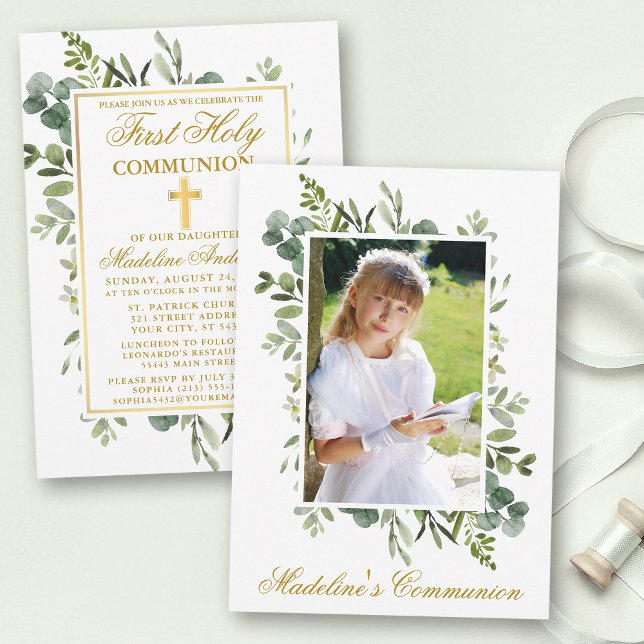 Watercolor Greenery Gold First Communion Photo Invitation (Customize to change text color, size or style.)