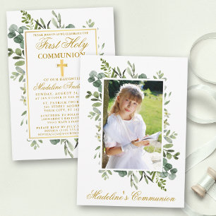 Watercolor Greenery Gold First Communion Photo Invitation