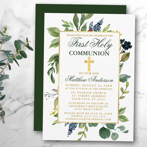 Watercolor Greenery Gold First Holy Communion Invitation
