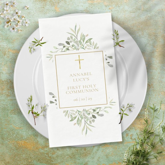 Watercolor Greenery Gold First Holy Communion Paper Guest Towels (Creator Uploaded)