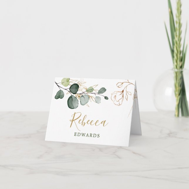 Watercolor Greenery, Gold Floral Place card (Front)