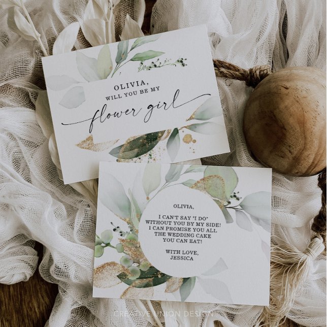 Watercolor Greenery Gold Flower Girl Proposal Postcard (Creator Uploaded)
