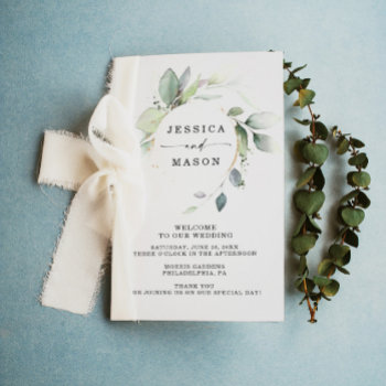 Watercolor Greenery Gold Folded Wedding Program Flyer by CreativeUnionDesign at Zazzle