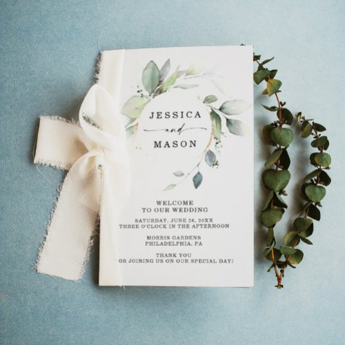 Watercolor Greenery Gold Folded Wedding Program Flyer
