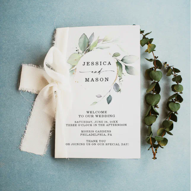 Watercolor Greenery Gold Folded Wedding Program Flyer | Zazzle