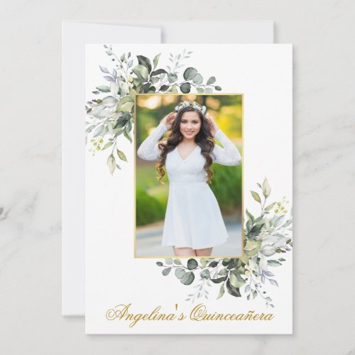 Watercolor Greenery Gold Frame Photo Quinceanera Invitation