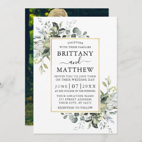 Watercolor Greenery Gold Frame Photo Wedding Invitation