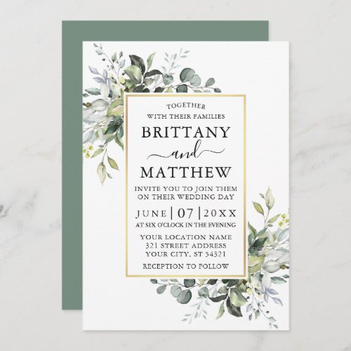 Watercolor Greenery Gold Frame Sage Green Wedding Invitation
