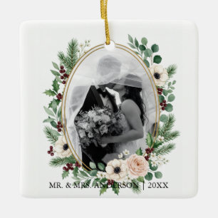Watercolor Greenery Gold Frame Wedding Photo Ceramic Ornament