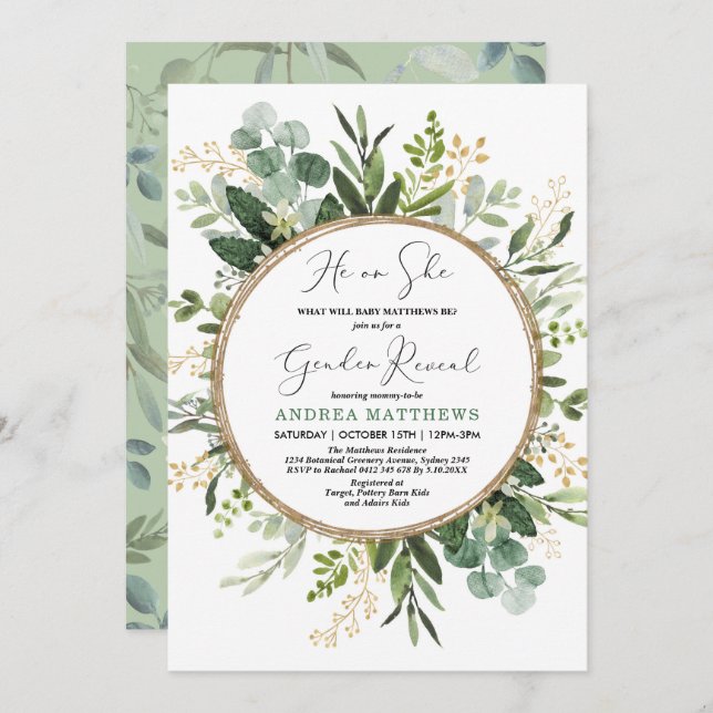 Watercolor Greenery Gold Gender Reveal Baby Shower Invitation (Front/Back)