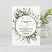 Watercolor Greenery Gold Gender Reveal Baby Shower Invitation (Standing Front)