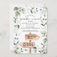 Watercolor Greenery Gold Gender Reveal Baby Shower Invitation