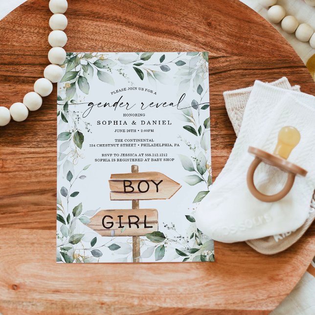 Watercolor Greenery Gold Gender Reveal Baby Shower Invitation (Creator Uploaded)