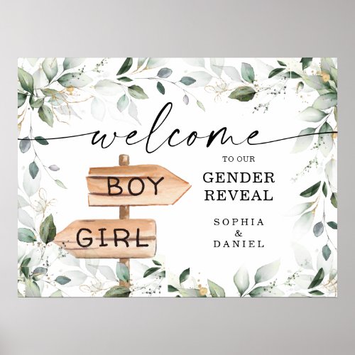 Watercolor Greenery Gold Gender Reveal Welcome Poster