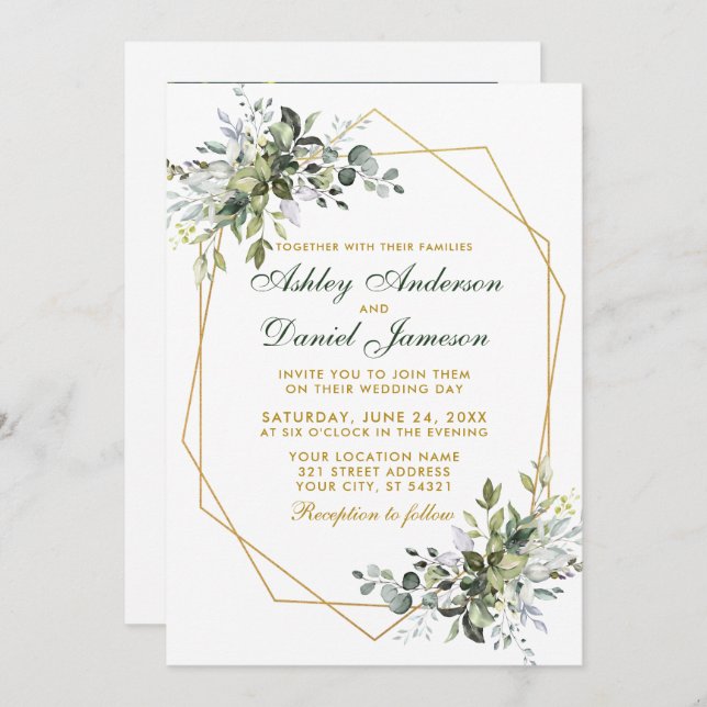 Watercolor Greenery Gold Geo Frame Photo Wedding Invitation (Front/Back)
