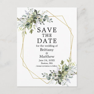 Watercolor Greenery Gold Geo Frame Save The Date Postcard