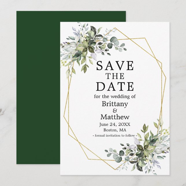 Watercolor Greenery Gold Geometric Frame Green Save The Date (Front/Back)