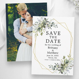 Watercolor Greenery Gold Geometric Frame Photo Save The Date