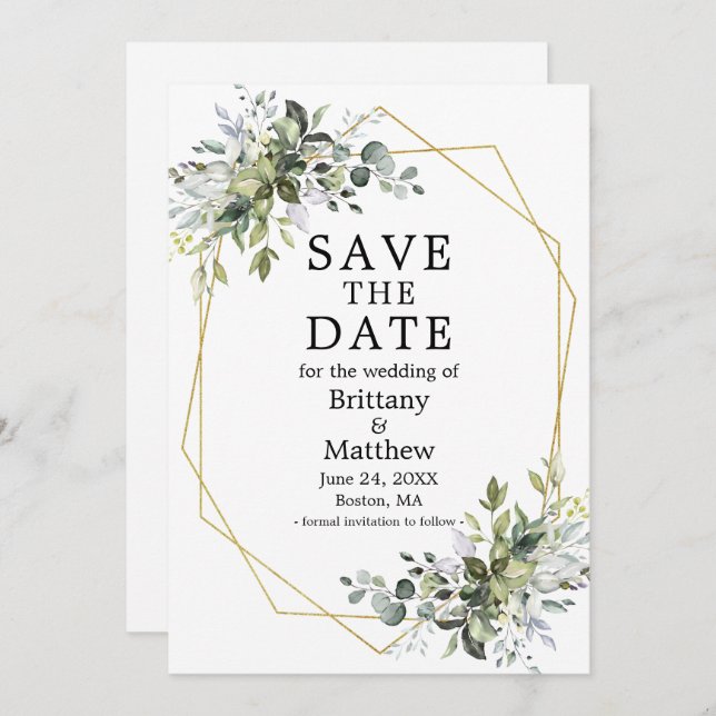 Watercolor Greenery Gold Geometric Frame Save The Date (Front/Back)