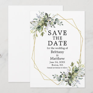 Watercolor Greenery Gold Geometric Frame Save The Date
