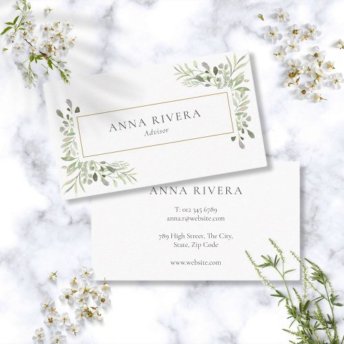 Watercolor Greenery Gold Geometric Professional Business Card