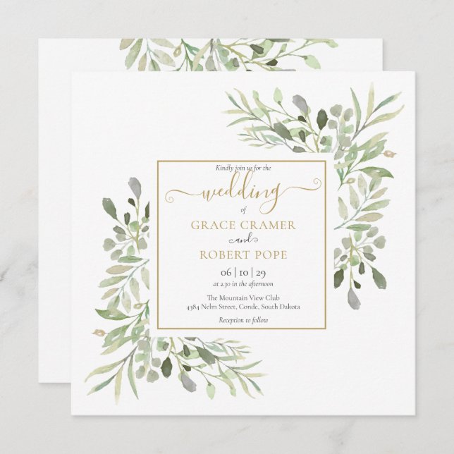 Watercolor Greenery Gold Geometric Script Wedding Invitation (Front/Back)