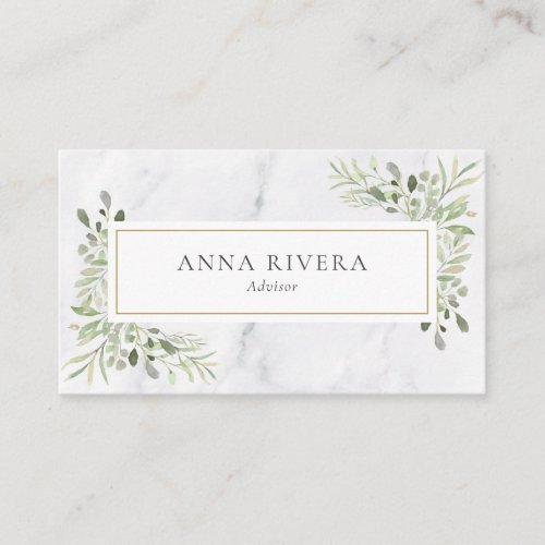 Watercolor Greenery Gold Geometric White Marble Business Card