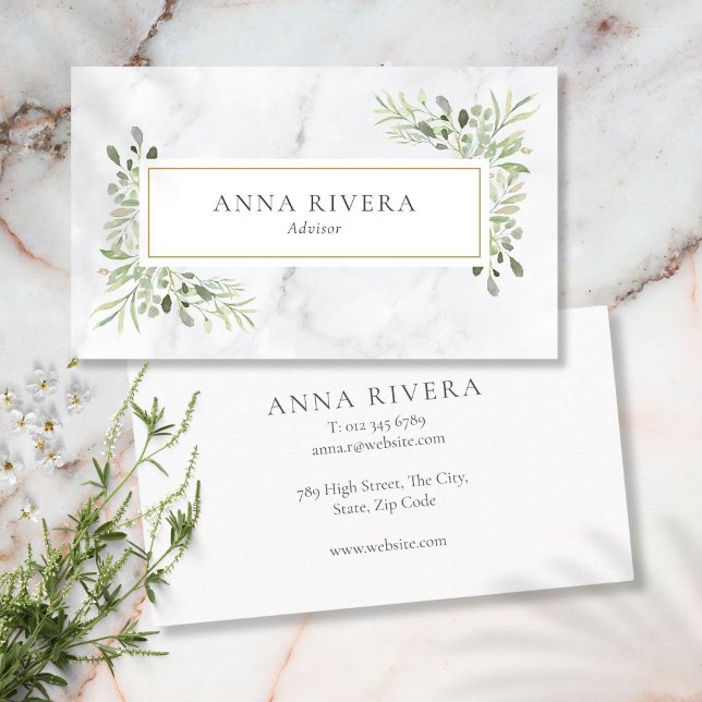 Watercolor Greenery Gold Geometric White Marble Business Card (Watercolor Greenery Gold Geometric White Marble Business Card)