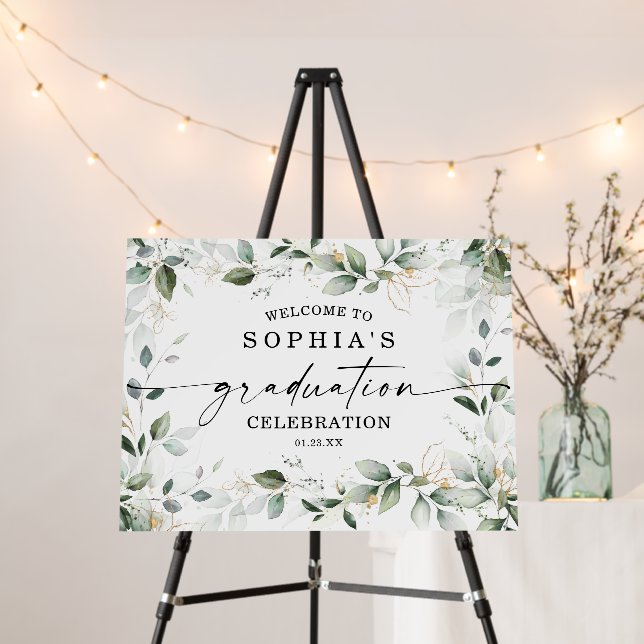 Watercolor Greenery Gold Graduation Welcome Sign (In Situ (Stand))