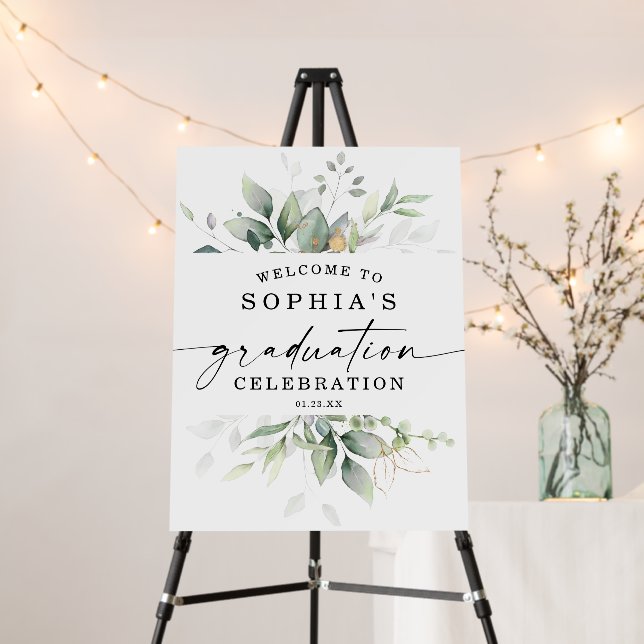 Watercolor Greenery Gold Graduation Welcome Sign (In Situ (Stand))
