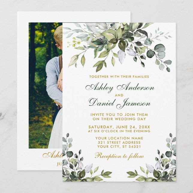 Watercolor Greenery Gold Green Photo Wedding Invitation (Front/Back)