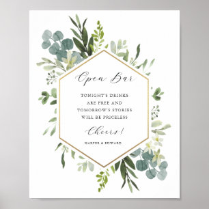 Watercolor Greenery Gold Hexagon Open Bar Sign