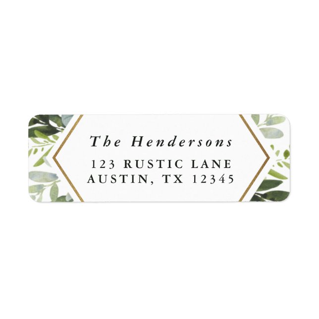 Watercolor Greenery Gold Hexagon Retutn Address Label (Front)