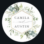 Watercolor Greenery Gold Hexagon Wedding Classic Round Sticker<br><div class="desc">This wedding sticker features painted watercolor eucalyptus,  green leaves,  flowers with a faux gold geometric hexagon frame. For more advanced customization of this design,  please click the "Customize further" link. Matching items are also available.</div>