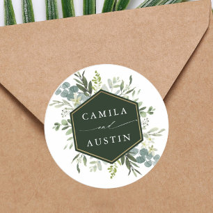 Watercolor Greenery Gold Hexagon Wedding Classic Round Sticker
