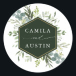 Watercolor Greenery Gold Hexagon Wedding  Classic Round Sticker<br><div class="desc">This wedding sticker features painted watercolor eucalyptus,  green leaves,  flowers with a faux gold geometric hexagon frame. For more advanced customization of this design,  please click the "Customize further" link. Matching items are also available.</div>