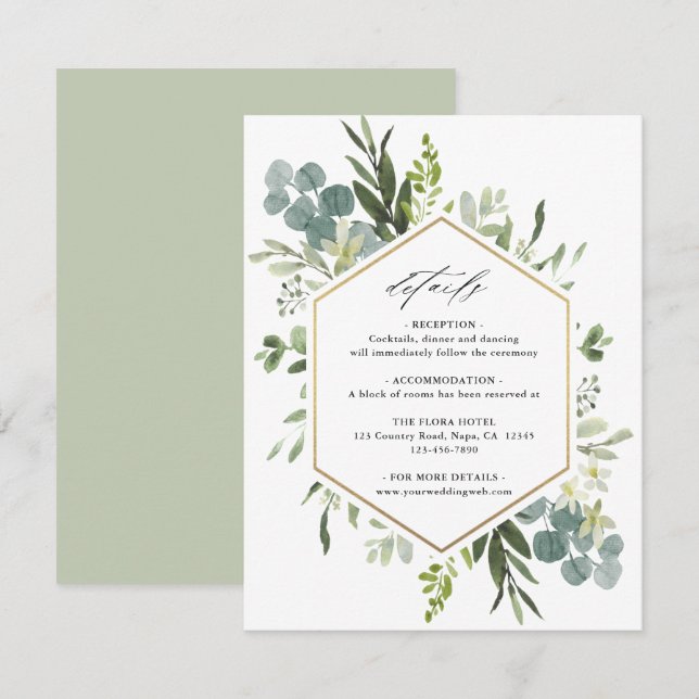 Watercolor Greenery Gold Hexagon Wedding Details Enclosure Card (Front/Back)