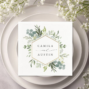 Watercolor Greenery Gold Hexagon Wedding Napkins