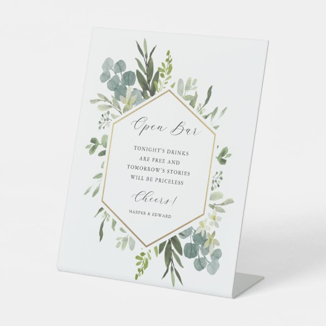 Watercolor Greenery Gold Hexagon Wedding Open Bar Pedestal Sign (Front)