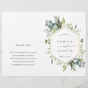Watercolor Greenery Gold Hexagon Wedding Program