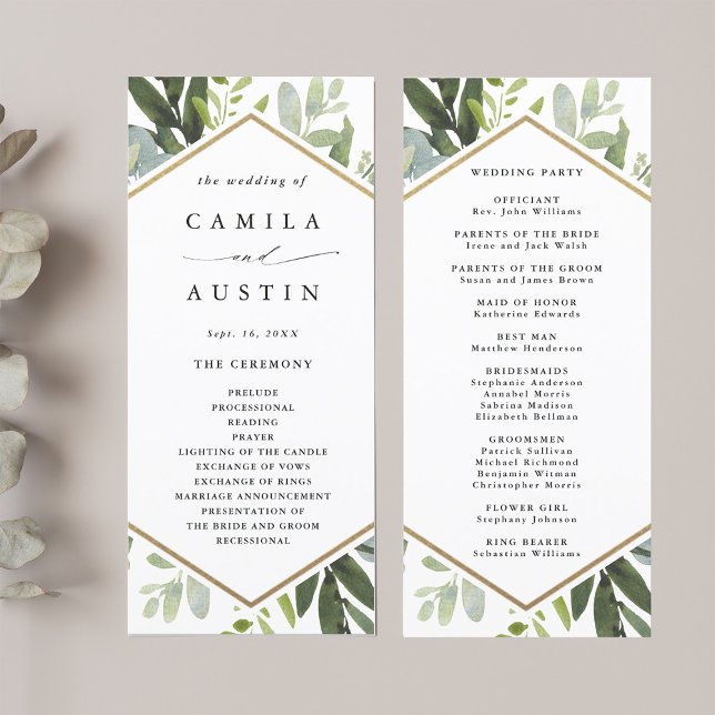 Watercolor Greenery Gold Hexagon Wedding Program (Front & Back)