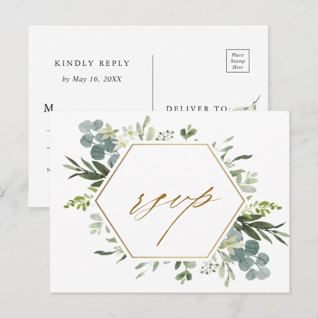 Watercolor Greenery Gold Hexagon Wedding RSVP  Postcard (Front/Back)