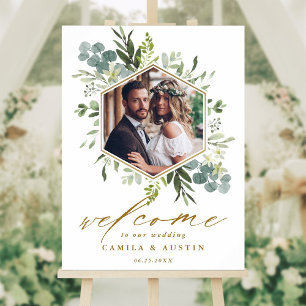 Watercolor Greenery Gold Hexagon Wedding Sign