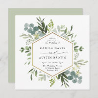 Watercolor Greenery Gold Hexagon Wedding Square