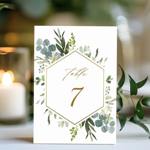 Watercolor Greenery Gold Hexagon Wedding Table Num Table Number