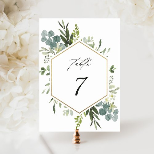 Watercolor Greenery Gold Hexagon Wedding Table Number
