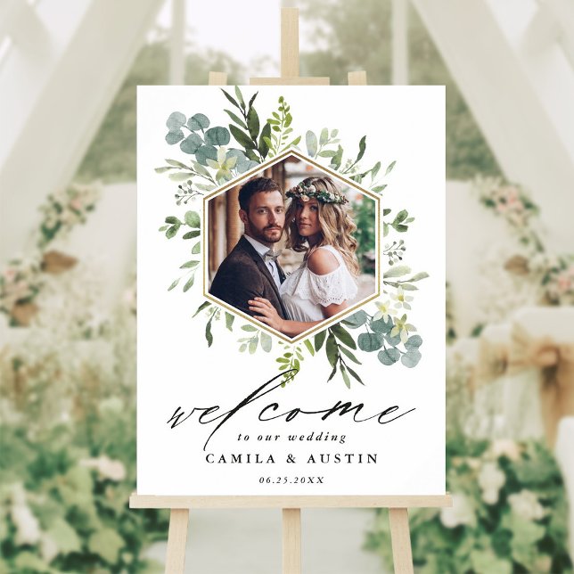 Watercolor Greenery Gold Hexagon Wedding Welcome F Foam Board (Creator Uploaded)