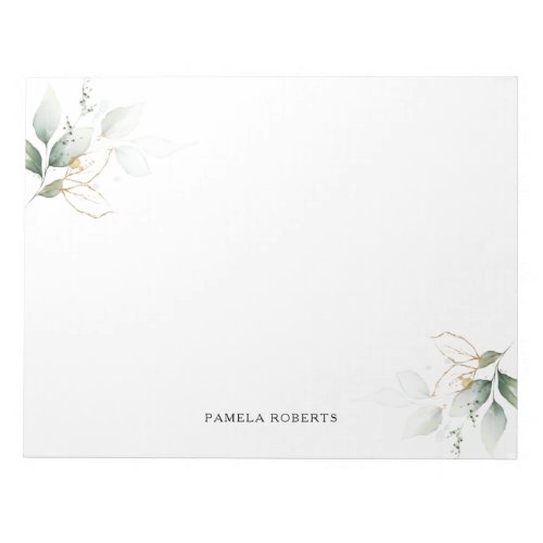 Watercolor Greenery Gold Leaves Personal  Name Notepad