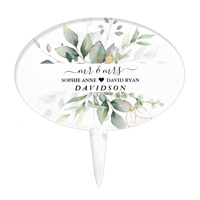 Watercolor Greenery Gold Leaves Wedding  Cake Topper (Front)